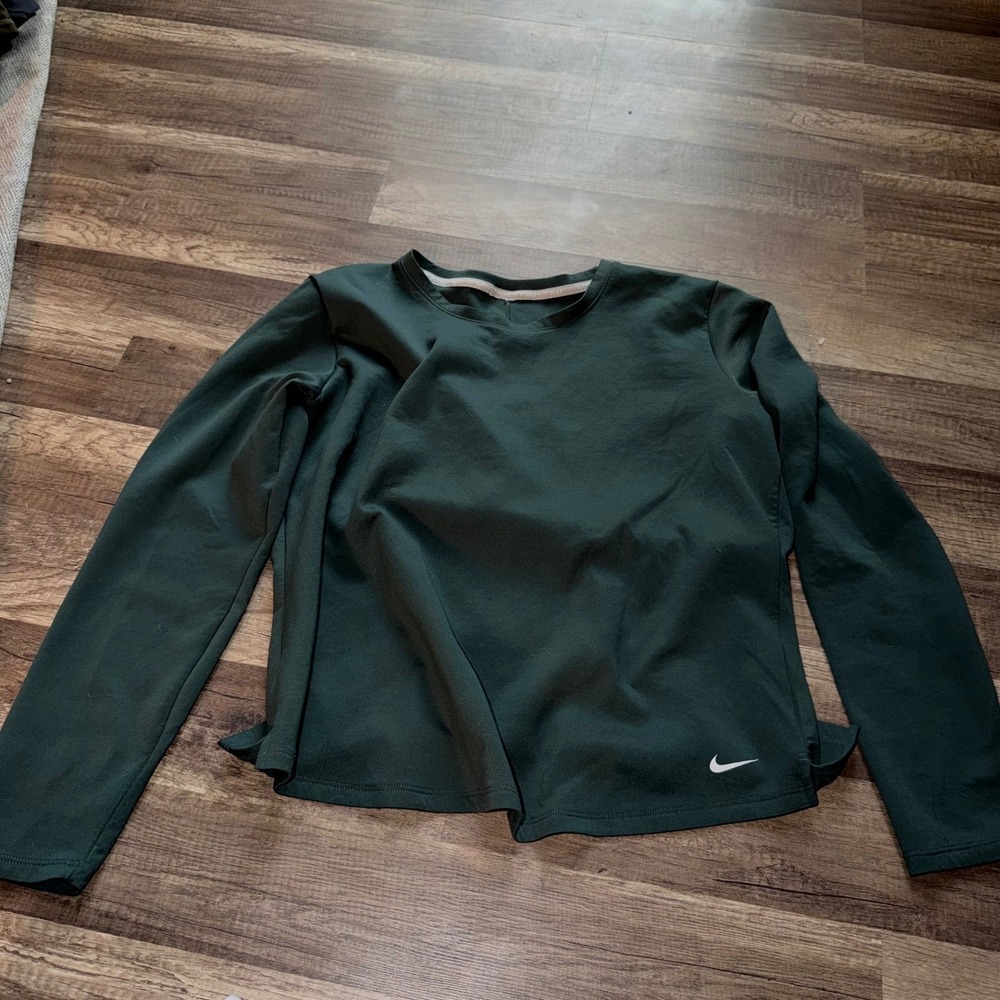 Nike Long Sleeve Performance Training Shirt Forest Green Crew Neck Swoosh